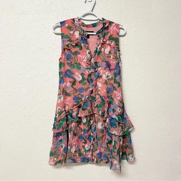 Saloni Tilly 100% Silk Pink Floral Button Up Ruffle Dress Size 2 Sleeveless - Picture 1 of 8